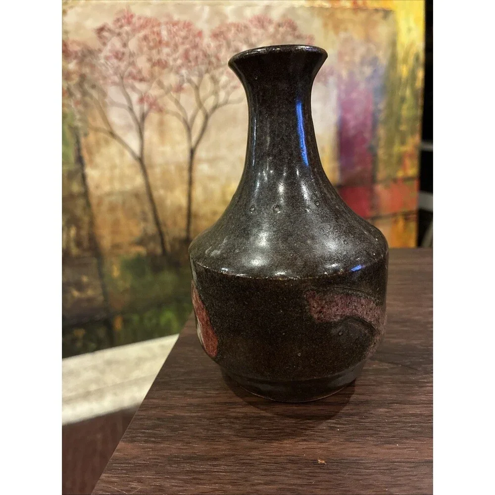 Vintage Signed Studio Pottery 1991 Tenmoku Stoneware Tokkuri Vase